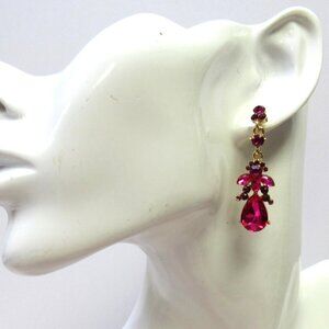 Fuchsia Pink Crystal Dangle Teardrop Earrings Wedding Prom Formal